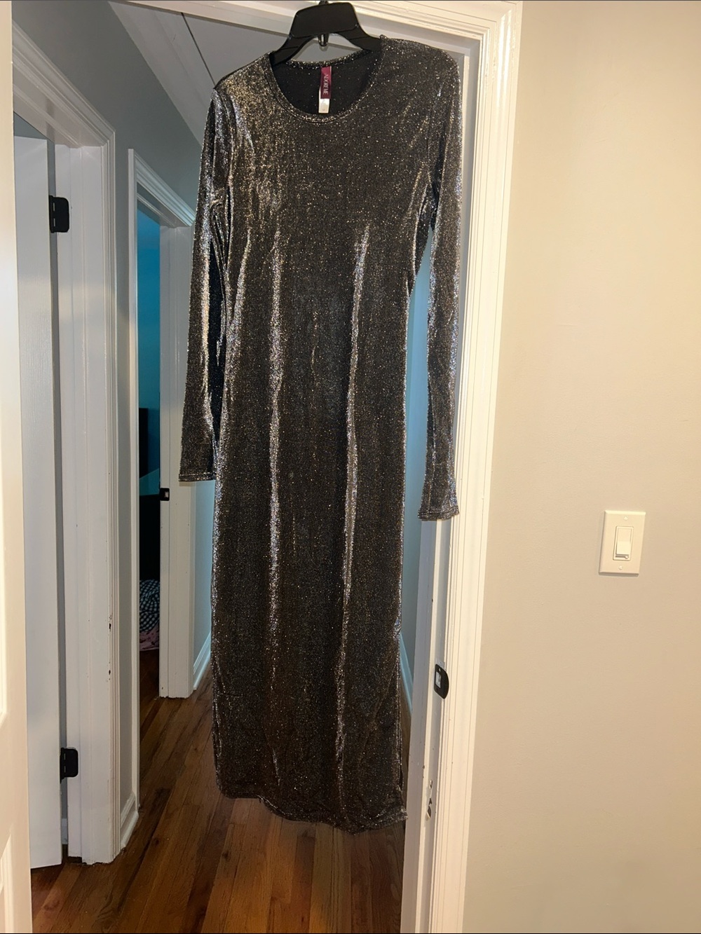 Long Sleeve Silver Sparkle Evening Dress